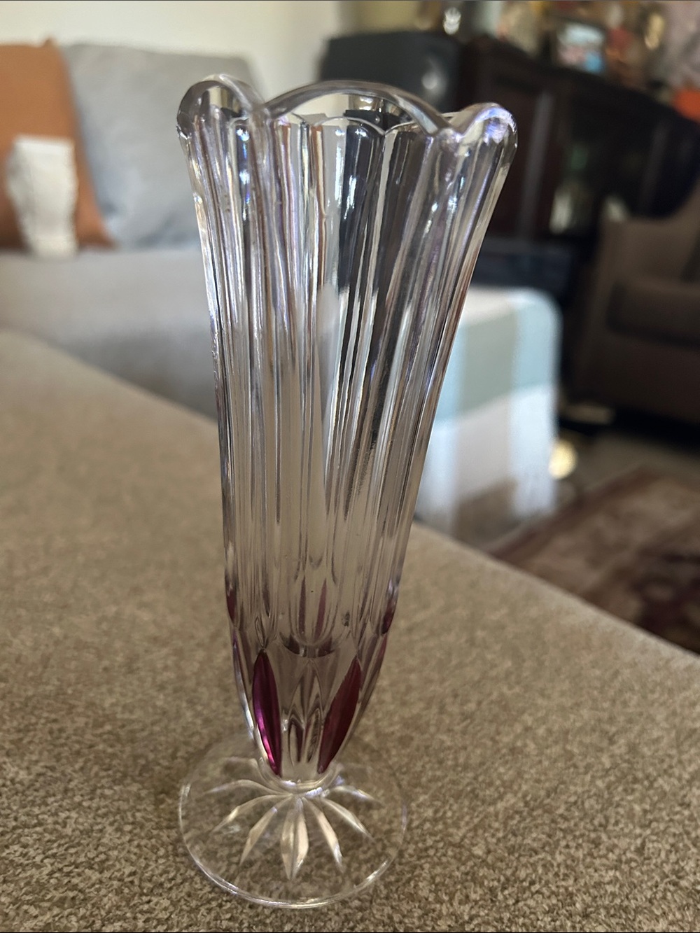 Crystal Fluted Vase in Clear with Pink Accent - Home Accents